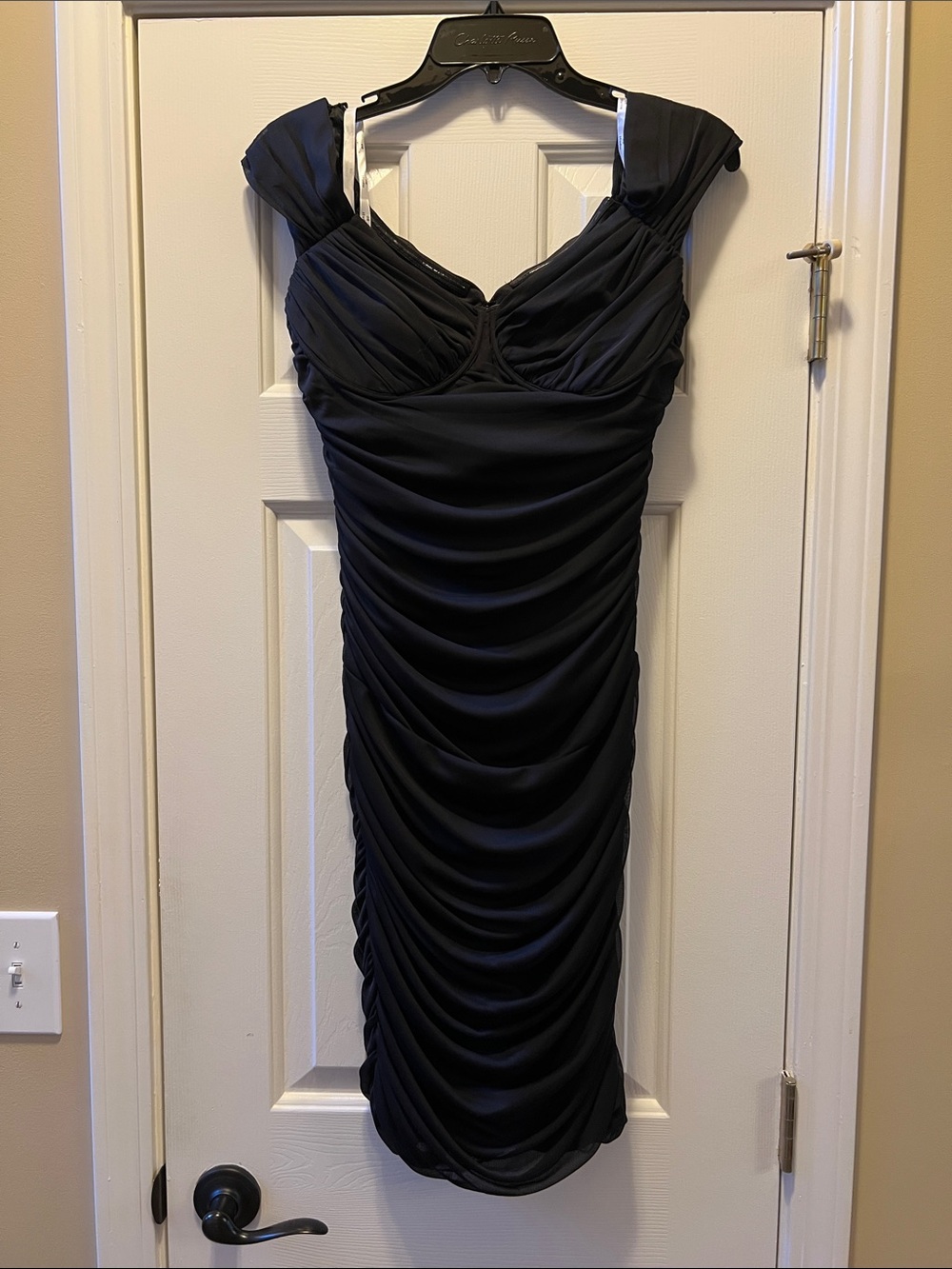 Ruched Black Midi Dress with Cap Sleeves